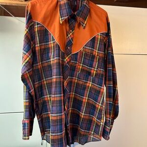 Vintage Men's Plaid Western Shirt - Orange and Blue